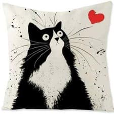Image of BLACK WHITE CAT Looks Up at HEART 17" Linen Blend Hidden Zip CUSHION COVER, UK !