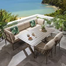 Image of 6 Seater Aluminium Garden Dining Set Outdoor Bench Table & Chairs in Beige