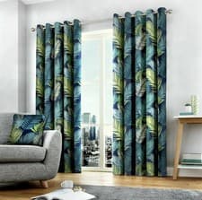 Image of Fusion 100% Cotton Tropical Palm Leaf Print Lined Eyelet Curtains. 66X54