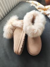 Image of UGG Womens Classic Ultra Mini Chalet Fluffy Sheepskin  Boot  Sandcastle Sz 8.0