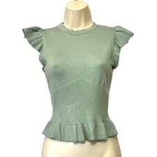 Image of And Now This Rib-Knit Ruffle-Sleeve Peplum Top, Color Soft Mint Green, Size XXS
