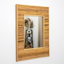 Image of Rattan & Bamboo Wall Mirror 45x55cm Rectangular Wooden Natural Boho Home Decor