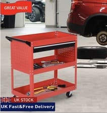 Image of Tool Trolley Cart 3-tier Roller Cabinet Storage Box Lockable Casters Red