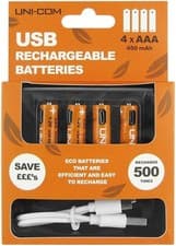 Image of UNI-COM 450mAh USB Rechargeable Ni-MH AAA Batteries with Micro USB Cable 4 Pack