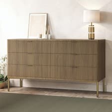 Image of Wide Dark Wood Ribbed Chest of 6 Drawers with Bronze Legs - Valencia VLC022