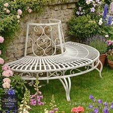 Image of Garden Bench Metal Half Round Cream White Furniture Park Garden Tree Seat Bench