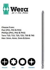 Image of Wera Z Tough Long 152mm (6") Screwdriver Bits Choose Size Pozi Phillips Hex Torx