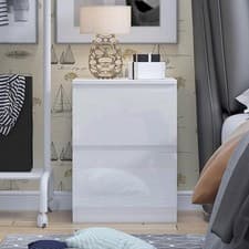 Image of White Gloss 2 Drawer Bedside Handleless Modern Deep Drawers Bottom Fixed Runners