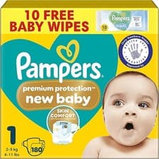 Image of Pampers Premium Protection New Baby Size 1, 180 Nappies, 2kg-5kg, Monthly Pack, 