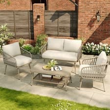 Image of 4 Piece Garden Furniture Set, Outdoor Patio Sofa, 2 Chairs & Coffee Table, Beige