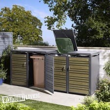 Image of Quadruple Metal Wheelie Bin Store Anthracite with Oak Effect Steel Doors