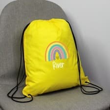 Image of Personalised Rainbow Drawstring Bag Childs PE Bag Girls Sports Day Swimming Bag