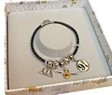 Image of Official Harry Potter Leather Charm Bracelet Silver Plated Spell beads Gift box