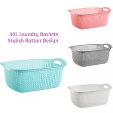 Image of 30L Plastic Laundry Basket Clothes Washing Bin Storage Knitted Hamper Organiser