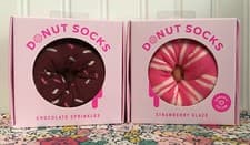 Image of 2 NEW PAIRS YS YES STUDIO DONUT SOCKS STRAWBERRY GLAZE & CHOCOLATE SPRINKLES