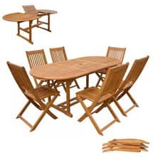 Image of Acacia Wood Garden Dining Table Set Extending Table Folding Chairs Parasol Hole