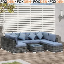 Image of 8 Piece Rattan Corner Sofa Set with Cushions and Glass Top Table Grey