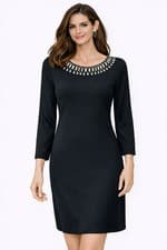 Image of Tommy Bahama Darcy Beaded 3/4 Bracelet Sleeve Ponte Shift Dress Small Black
