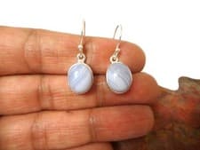 Image of Oval Blue Lace Agate Sterling Silver 925 Gemstone Drop Dangle Earrings