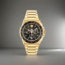 Image of Versace Mens Gold 45mm Bracelet Watch VE7H00623-GOLD1-OS black face chrono NEW