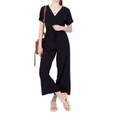 Image of Womens Wrap V Neck Jumpsuit Short Sleeve Wide Leg Summer Casual Black White Pink