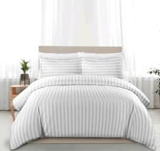 Image of White Striped Duvet Cover Set Pure Cotton Pillowcases Hotel Quality UK