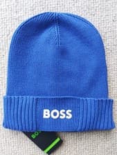 Image of Genuine HUGO BOSS Royal Blue 20% WOOL Rib Cuff White Logo BEANIE Hat 50477294