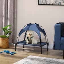 Image of PawHut 61cm Elevated Dog Bed Cooling Raised Pet Cot UV Protection Canopy Blue