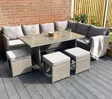Image of Knutsford 9 Seater Garden Rattan Corner Dining Set Table Sofa Stool