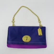 Image of Coach Clutch Foldover Bag AMANDA 12926 Purple Sateen Fabric Gold Dog Tag Chain