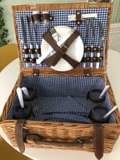 Image of Wicker Picnic Basket for 4 People Picnic Hamper Blue Gingham With Contents