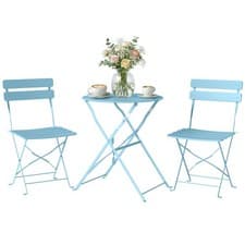Image of Outsunny Folding Bistro Set with Round Garden Table and Chairs, Light Blue