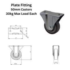 Image of Fixed Castor Wheels Heavy Duty Rubber Wheel  50mm Grey Premium Quality Set of 4