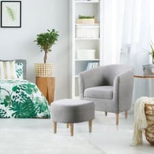 Image of Retro Accent Linen Tub Chair Wingback Armchair with Footstool for Living Room