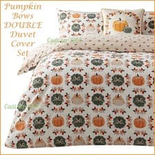 Image of Autumn Pumpkin Bows DOUBLE Duvet Cover Set Reversible Autumn Bedding