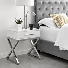 Image of OXFORD White High Gloss and Silver Chrome Rectangular Bedside Table With Drawer