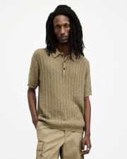 Image of All Saints Men's Striped Knit Polo Shirt Beige Collared Short Sleeve Size UK XS