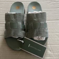 Image of Revitalign Orthotic Linen & Leather Slide Sandals Lisbon Blue 7.5W New