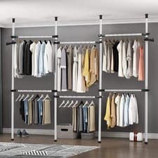 Image of Heavy Duty Clothes Rack 4 Pole 6 Rail Garment Wardrobe Adjustable Steel 60kg