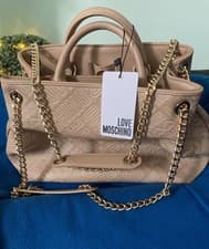 Image of Women’s Love Moschino logo Nude beige Bag Gold Chain Nwt 
