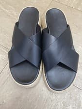 Image of Fitflop UK 8 F Mode Espadrille Leather Flatform Cross Slides Sandals Black