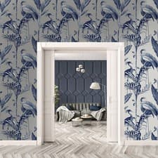 Image of Navy Blue Metallic Silver Tropical Birds Belgravia Azzura Leaf Wallpaper