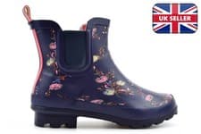 Image of Womens Ankle High Wellington Boots Ladies Low Heel Wellies Waterproof Floral