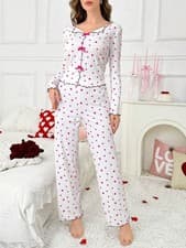 Image of Loungewear Heart Print Lapel Pajamas Long-Sleeved Pants Two-Piece Sleepwear Set