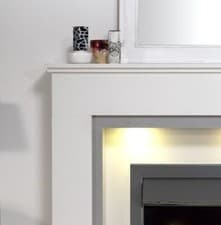 Image of WHITE MARBLE STONE GREY FIREPLACE BLACK ELECTRIC FIRE SURROUND DOWN LIGHTS COAL