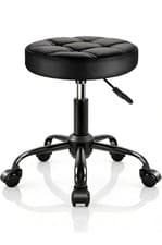 Image of Round Rolling Stool with Wheels, Black PU Leather Round Office Stool Adjustable