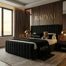 Image of OTTOMAN STORAGE BED PANEL PLUSH VELVET UPHOLSTERED BED FRAME- WINGED HEADBOARD
