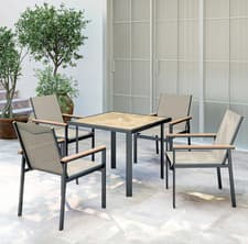 Image of 4 Seater Garden Dining Set Modern Metal Chair Glass Table Wood Effect Patio Seat