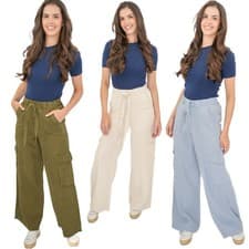 Image of Womens M&S Cargo Trouser Lyocell Wide Leg Belted Elastic Waist Blue Khaki Cream