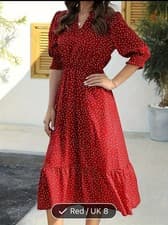Image of Women's Elegant Red & White Polka Dot V Neck Midi Dress Mid Length Short Sleeves